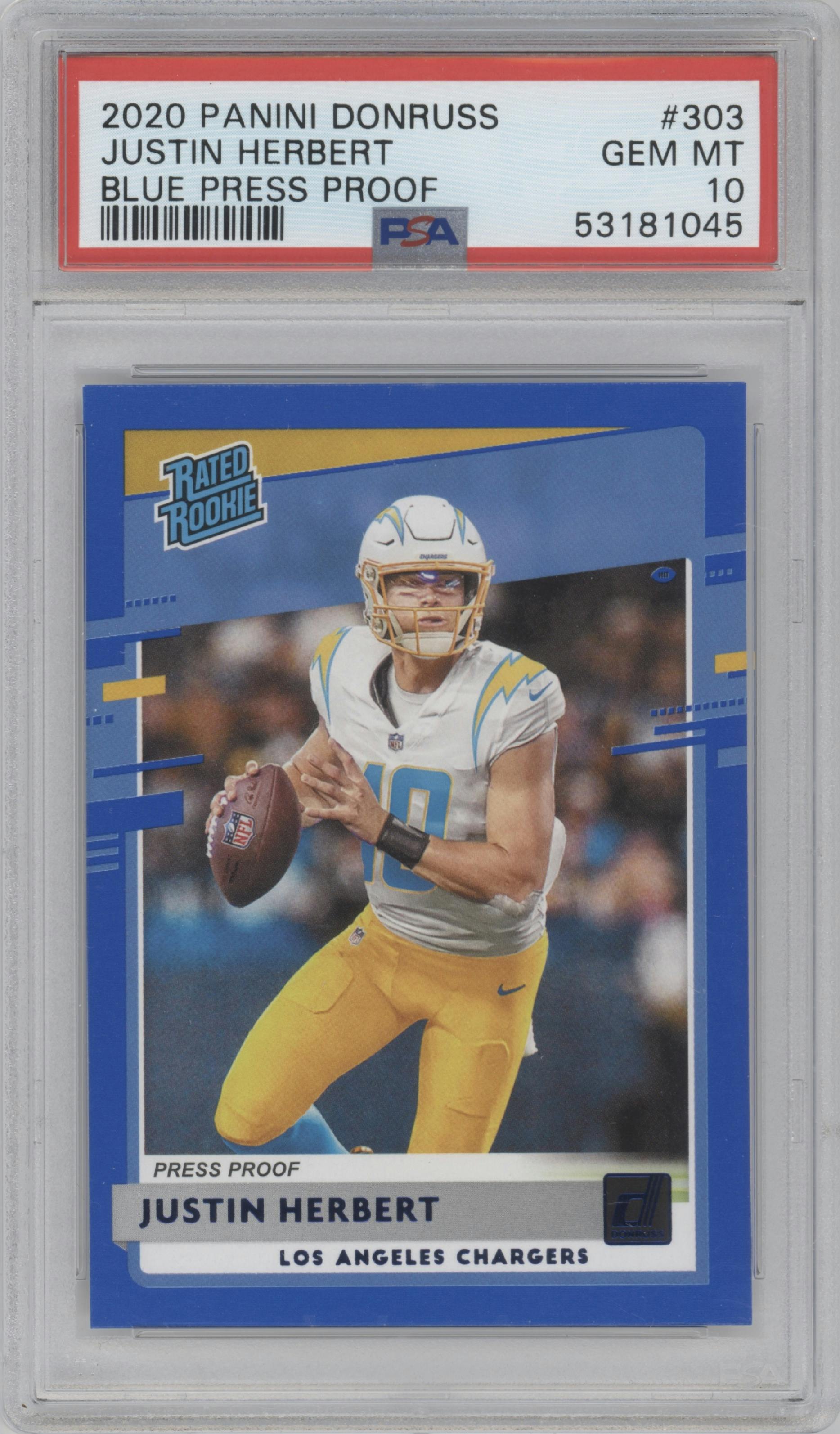 Justin Herbert from the 2020 Panini Donruss set featuring a Press Proof Blue  parallel graded by PSA and given an overall grade of 10.