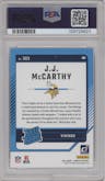 J.J. McCarthy from the 2024 Donruss set graded by PSA and given an overall grade of 10.