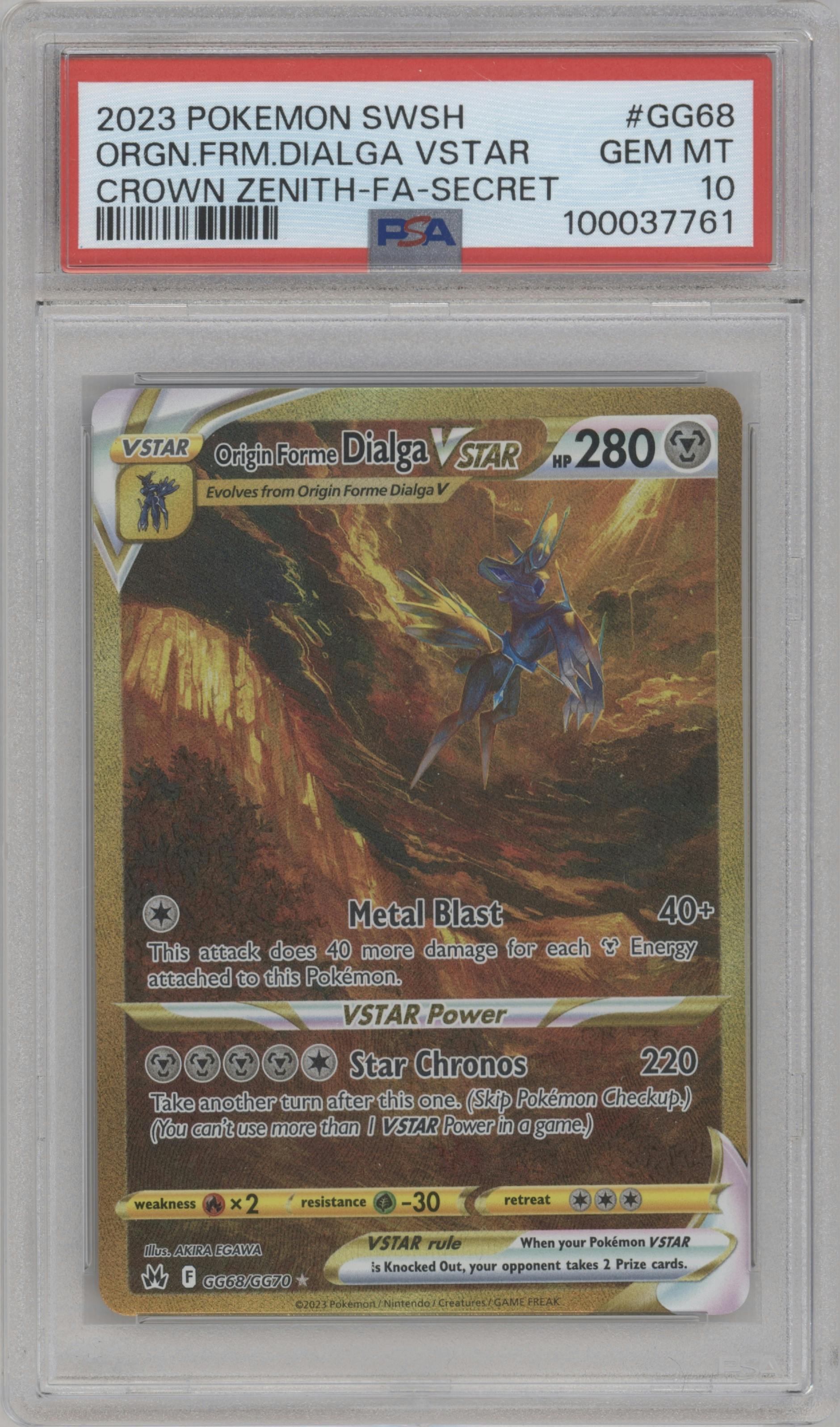 Origin Forme Dialga VSTAR from the 2023 Pokemon SWSH set graded by PSA and given an overall grade of 10.