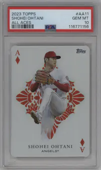 Shohei Ohtani from the 2023 Topps set graded by PSA and given an overall grade of 10.
