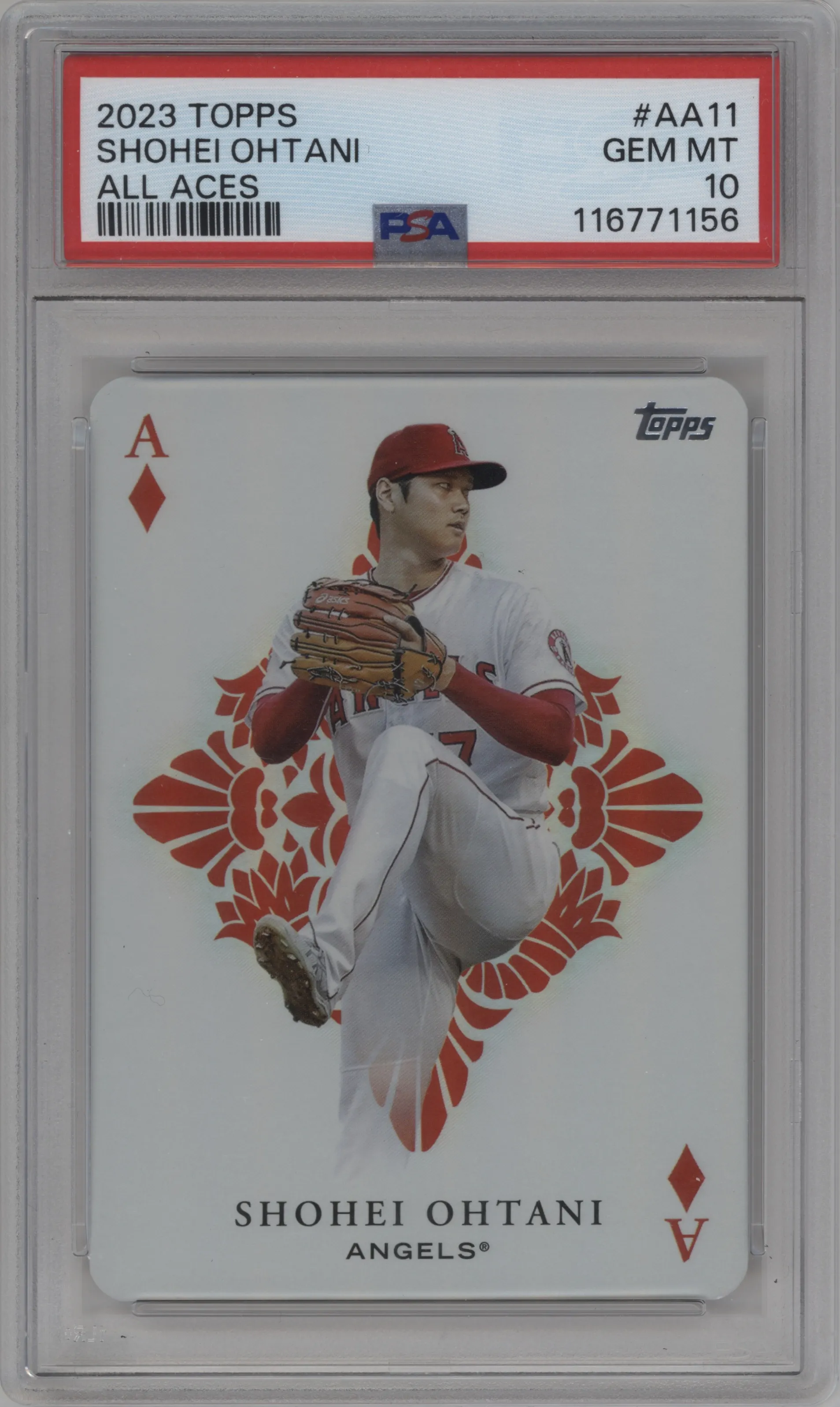 Shohei Ohtani from the 2023 Topps set graded by PSA and given an overall grade of 10.