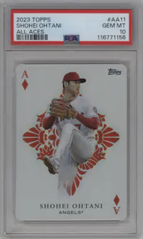 Shohei Ohtani from the 2023 Topps set graded by PSA and given an overall grade of 10.