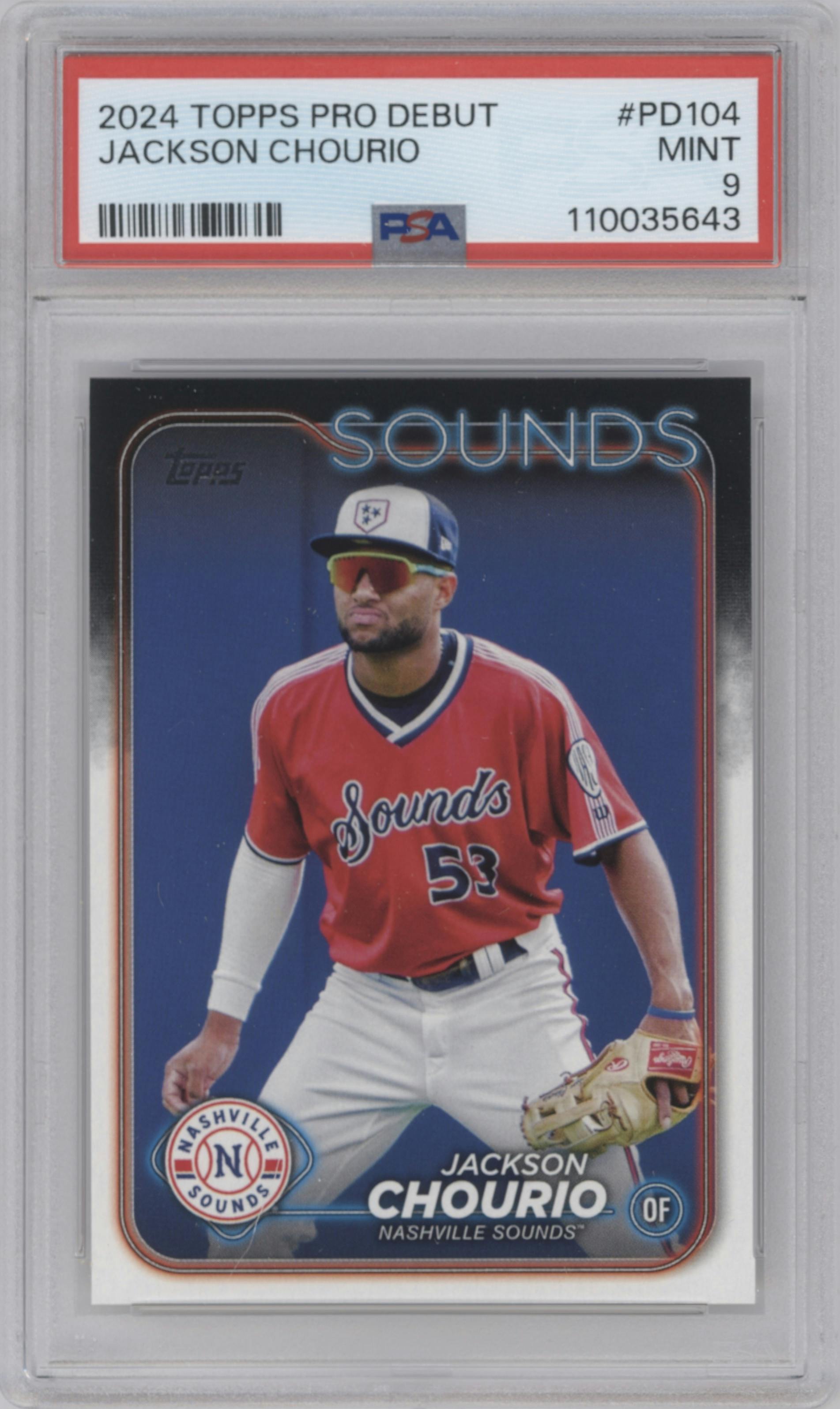 Jackson Chourio from the 2024 Topps Pro Debut set graded by PSA and given an overall grade of 9.