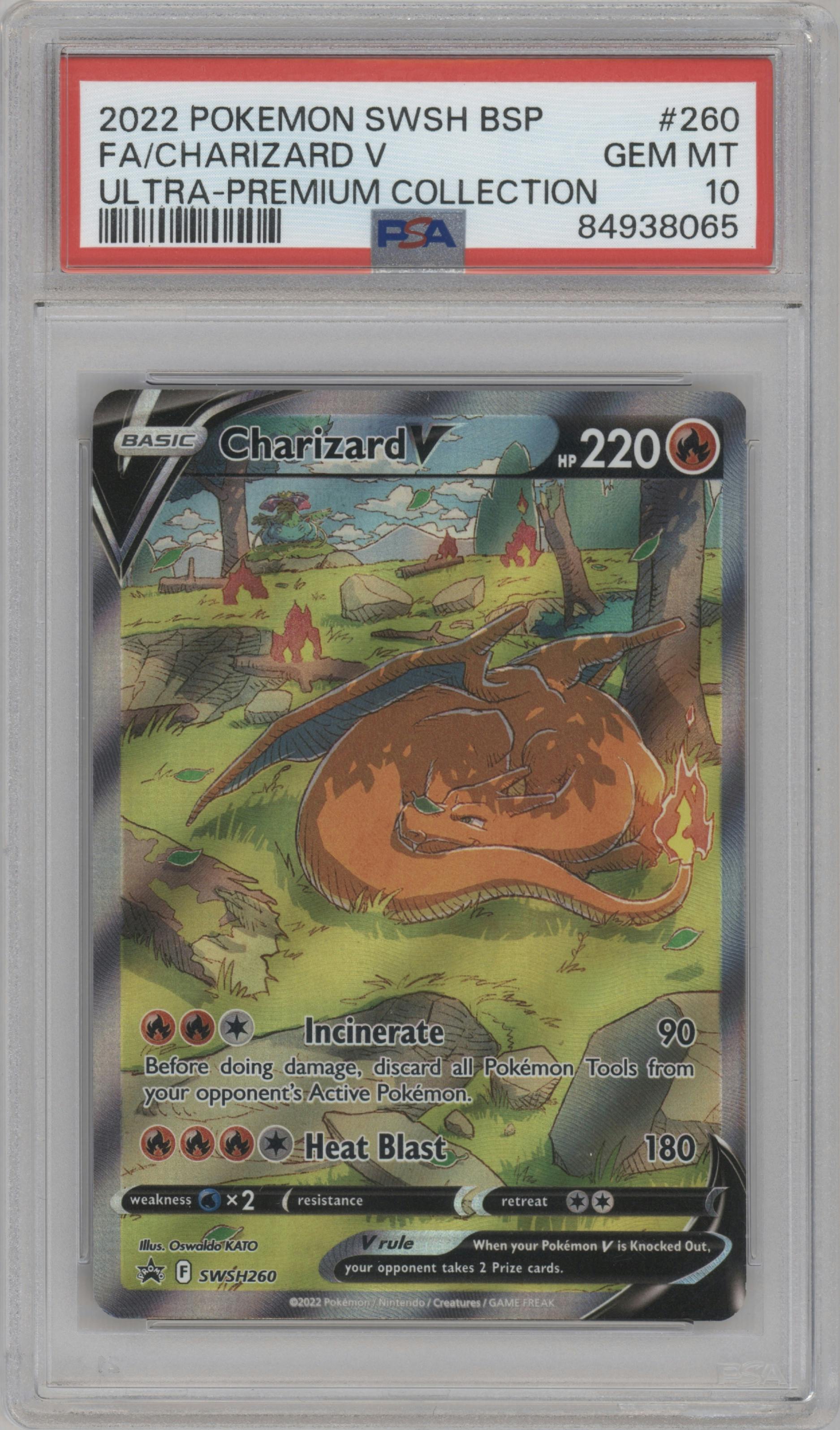 Charizard V from the 2022 Pokemon SWSH set featuring a Ultra Premium Collection parallel graded by PSA and given an overall grade of 10.
