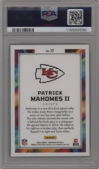 Patrick Mahomes II from the 2024 Panini Obsidian set graded by PSA and given an overall grade of 10.