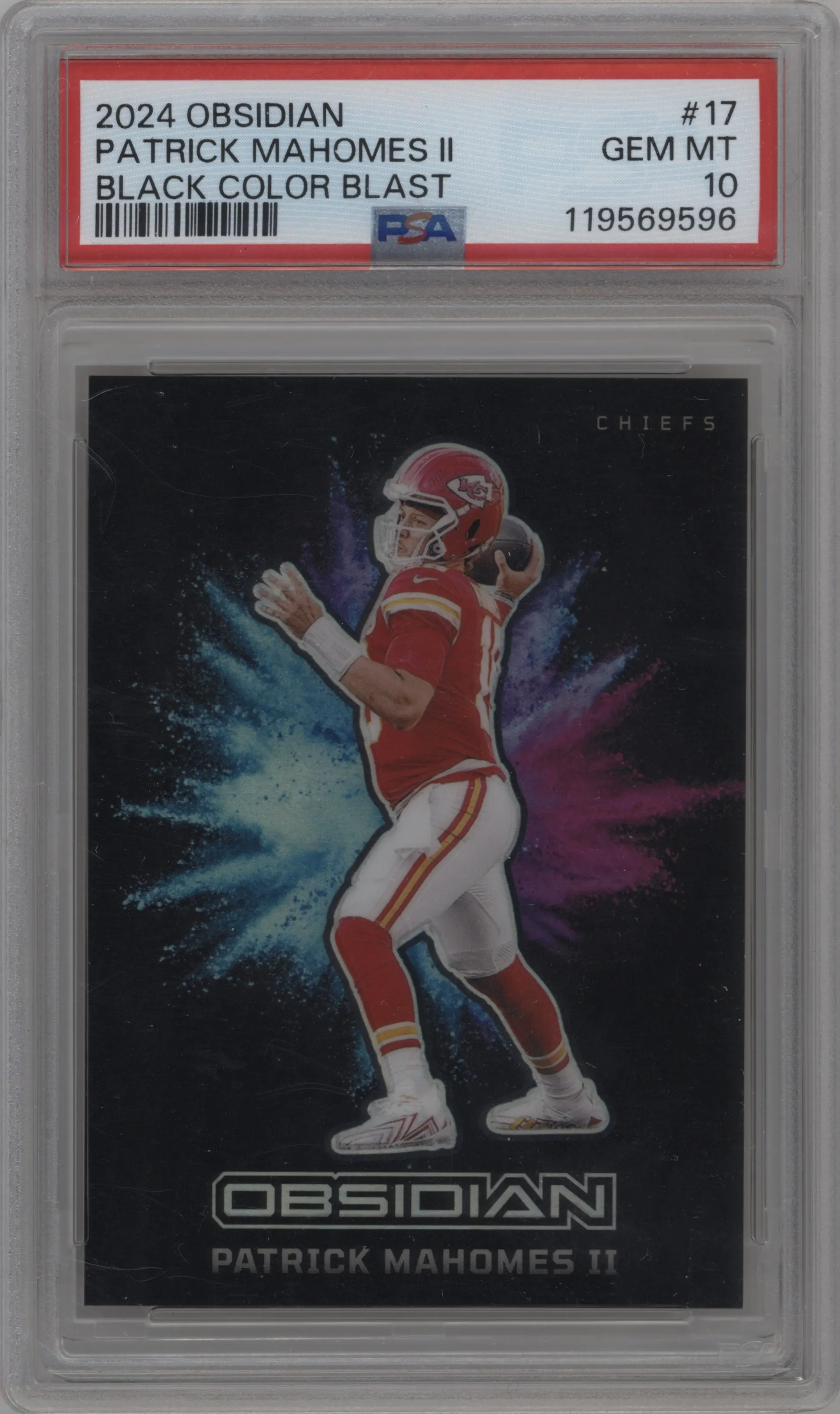 Patrick Mahomes II from the 2024 Panini Obsidian set graded by PSA and given an overall grade of 10.