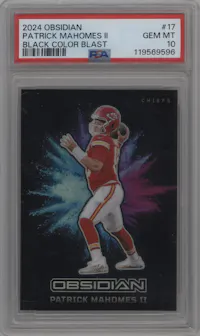 Patrick Mahomes II from the 2024 Panini Obsidian set graded by PSA and given an overall grade of 10.