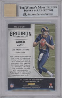 Jared Goff from the 2016 Panini Certified set featuring a Mirror Green parallel graded by Beckett and given an overall grade of 9.