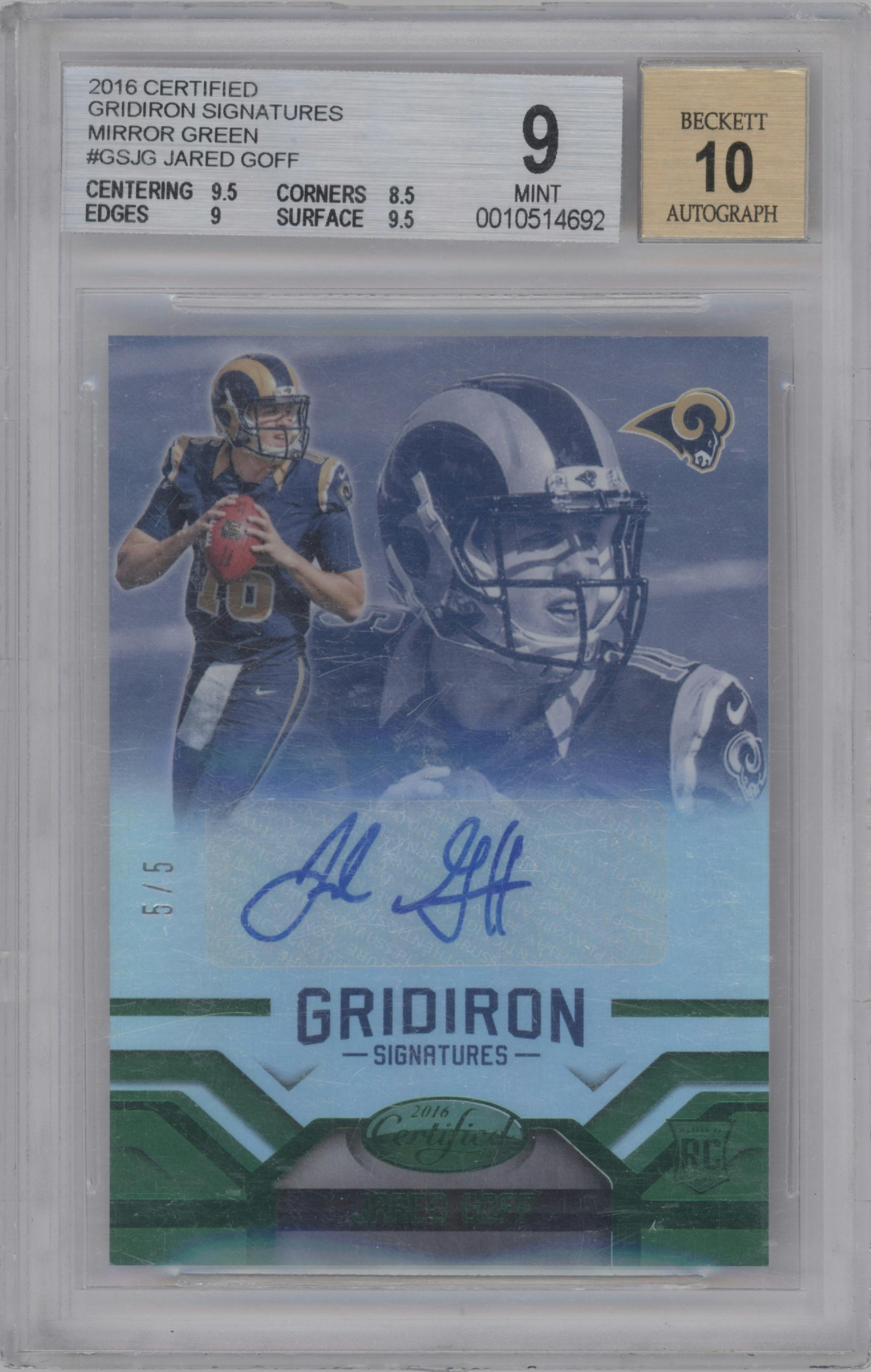 Jared Goff from the 2016 Panini Certified set featuring a Mirror Green parallel graded by Beckett and given an overall grade of 9.