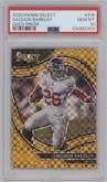 Saquon Barkley from the 2020 Panini Select set featuring a Gold Prizm parallel graded by PSA and given an overall grade of 10.
