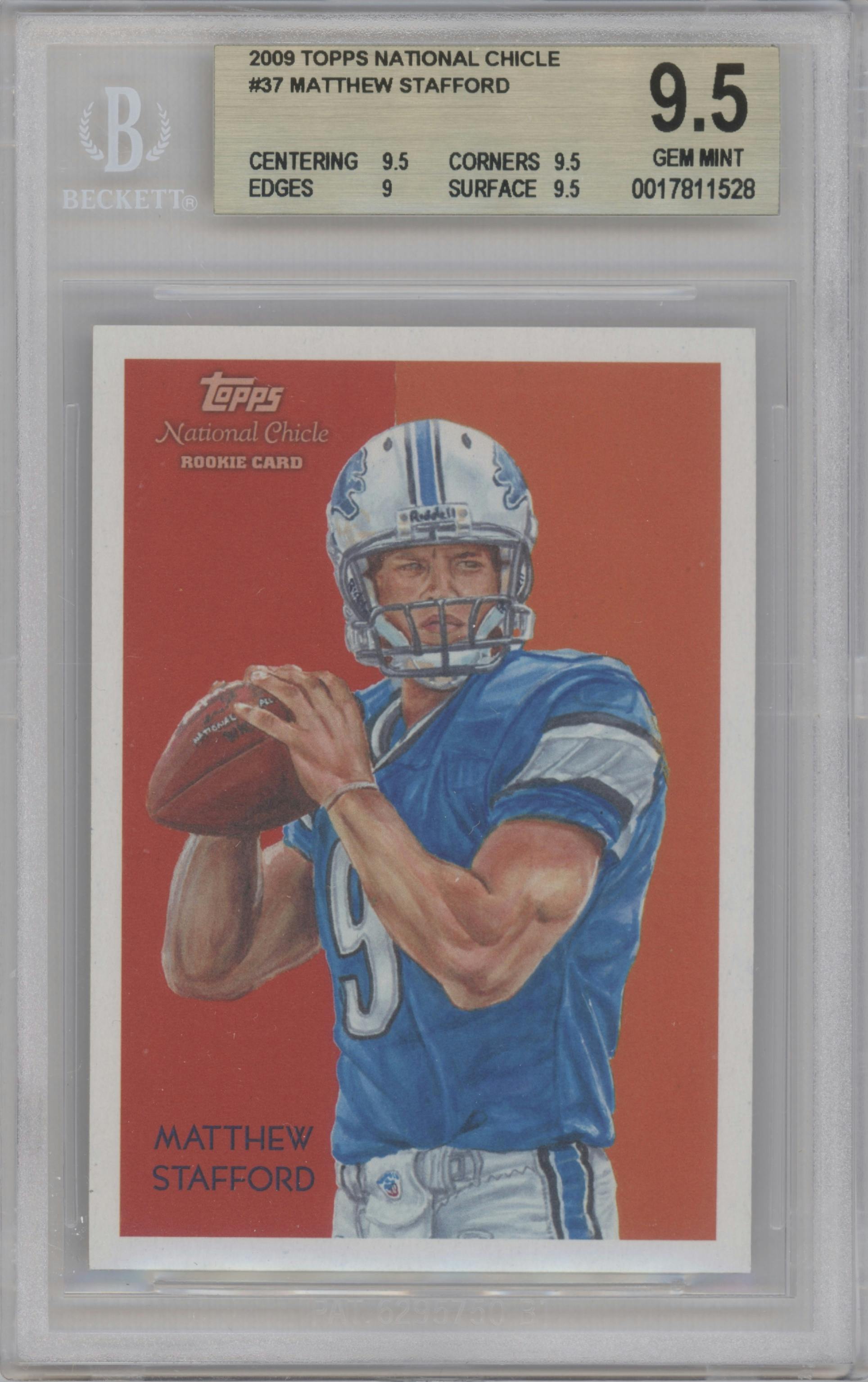 Matthew Stafford from the 2009 Topps National Chicle set graded by Beckett and given an overall grade of 9.5.