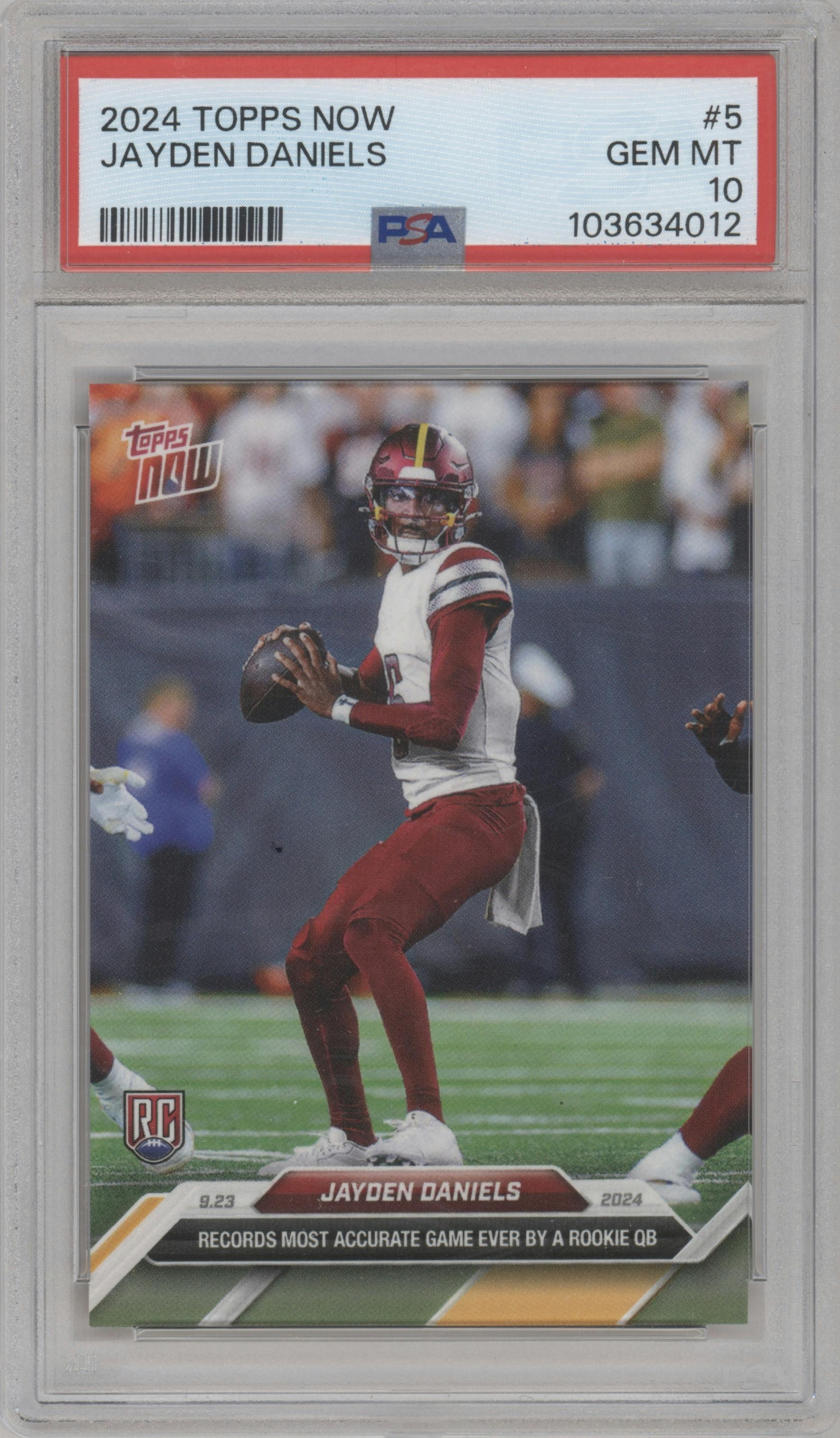 Jayden Daniels from the 2024 Topps Now set graded by PSA and given an overall grade of 10.