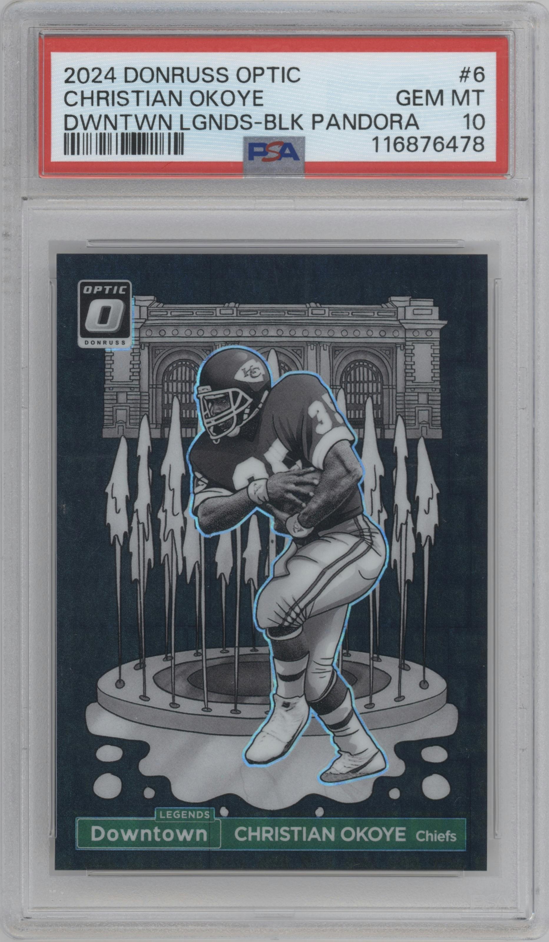 Christian Okoye from the 2024 Donruss Optic set featuring a Black Pandora parallel graded by PSA and given an overall grade of 10.