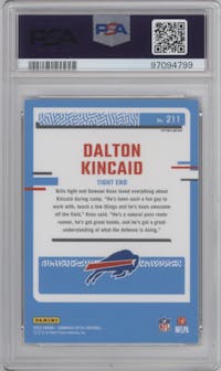 Dalton Kincaid from the 2023 Donruss Optic set featuring a Green Velocity parallel graded by PSA and given an overall grade of 10.