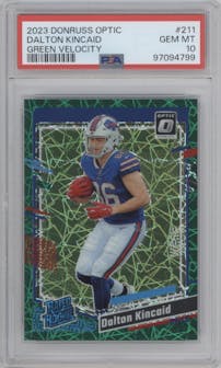 Dalton Kincaid from the 2023 Donruss Optic set featuring a Green Velocity parallel graded by PSA and given an overall grade of 10.