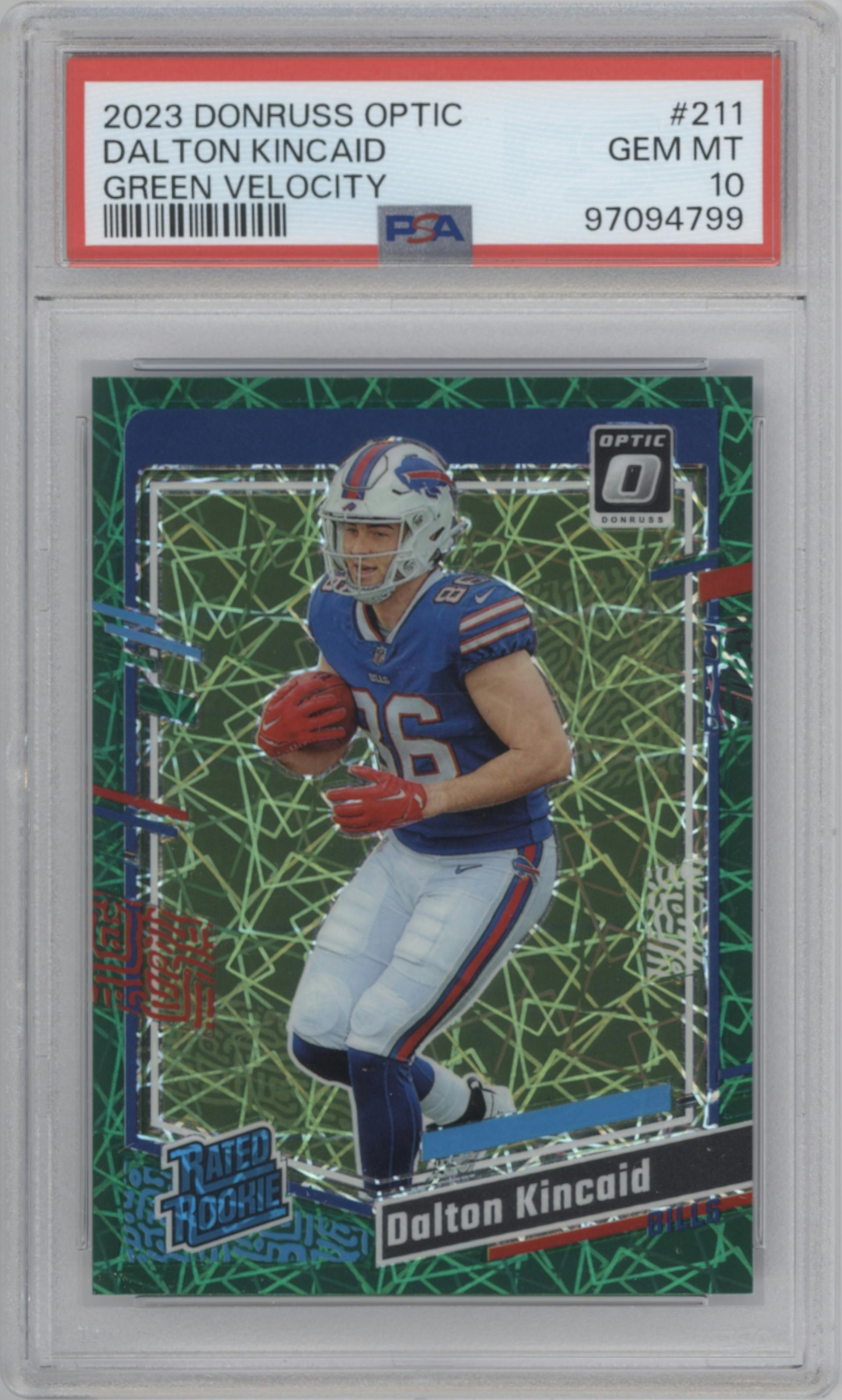 Dalton Kincaid from the 2023 Donruss Optic set featuring a Green Velocity parallel graded by PSA and given an overall grade of 10.