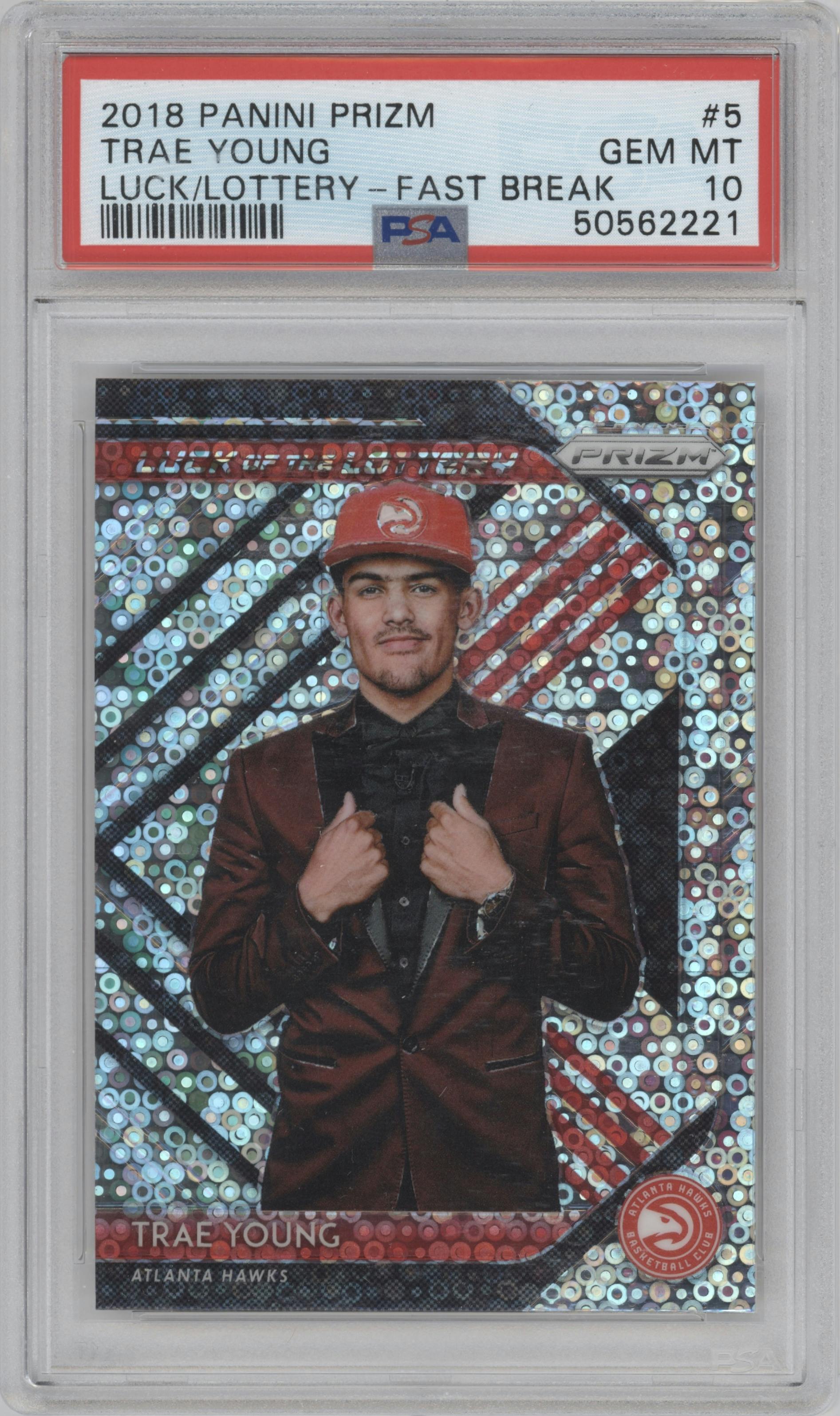 Trae Young from the 2018-19 Panini Prizm set featuring a Fast Break parallel graded by PSA and given an overall grade of 10.