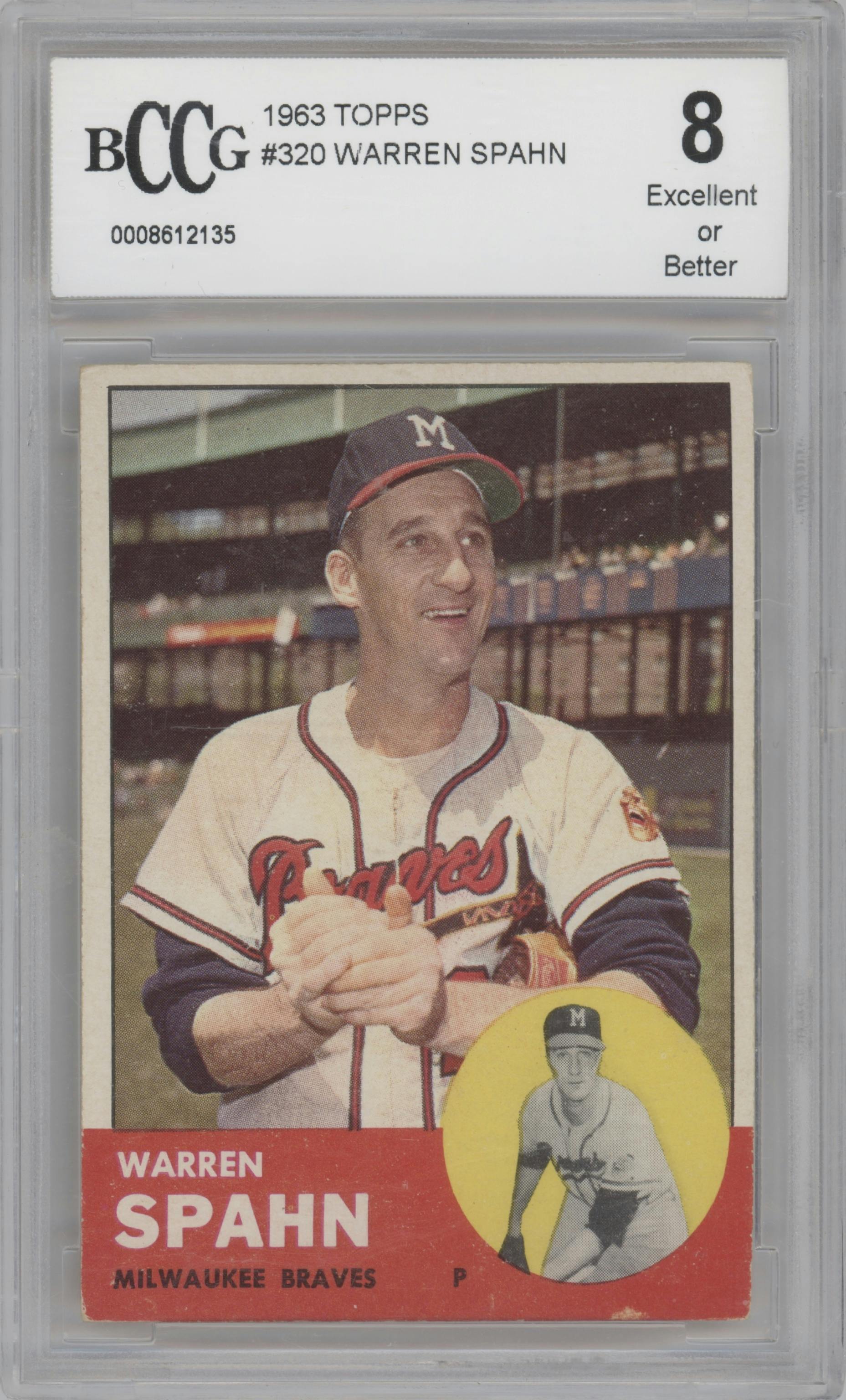 Warren Spahn from the 1963 Topps set graded by Beckett and given an overall grade of 8.