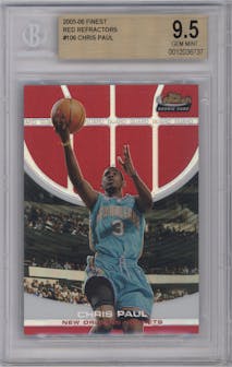 Chris Paul from the 2005-06 Topps Finest set featuring a Red Refractor parallel graded by Beckett and given an overall grade of 9.5.