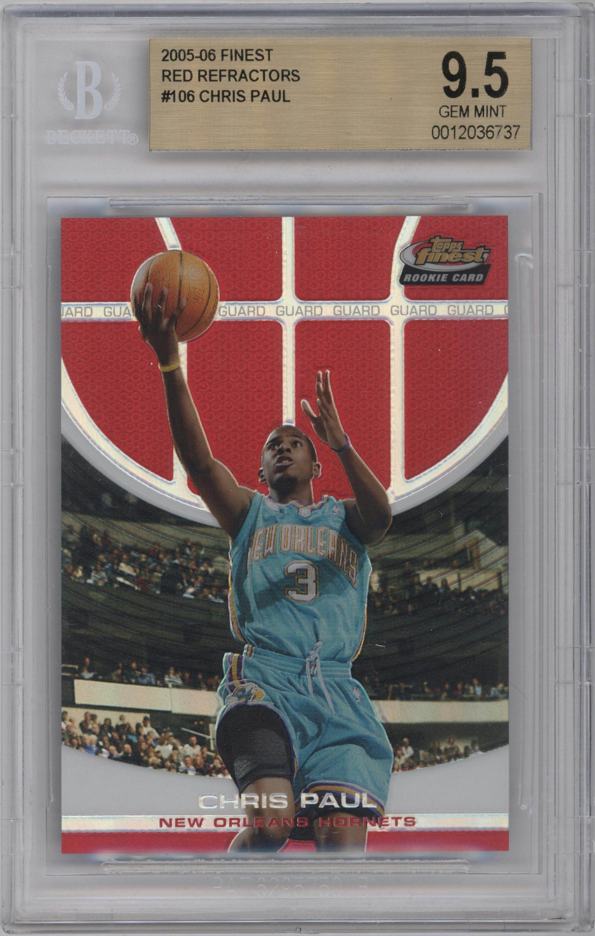 Chris Paul from the 2005-06 Topps Finest set featuring a Red Refractor parallel graded by Beckett and given an overall grade of 9.5.