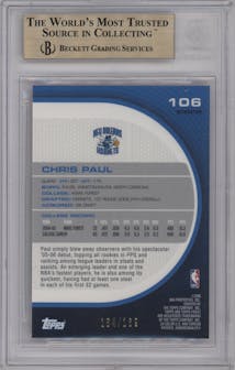 Chris Paul from the 2005-06 Topps Finest set featuring a Red Refractor parallel graded by Beckett and given an overall grade of 9.5.