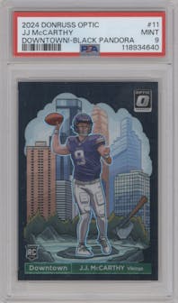 J.J. McCarthy from the 2024 Donruss Optic set featuring a Black Pandora parallel graded by PSA and given an overall grade of 9.