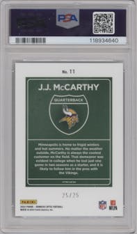 J.J. McCarthy from the 2024 Donruss Optic set featuring a Black Pandora parallel graded by PSA and given an overall grade of 9.