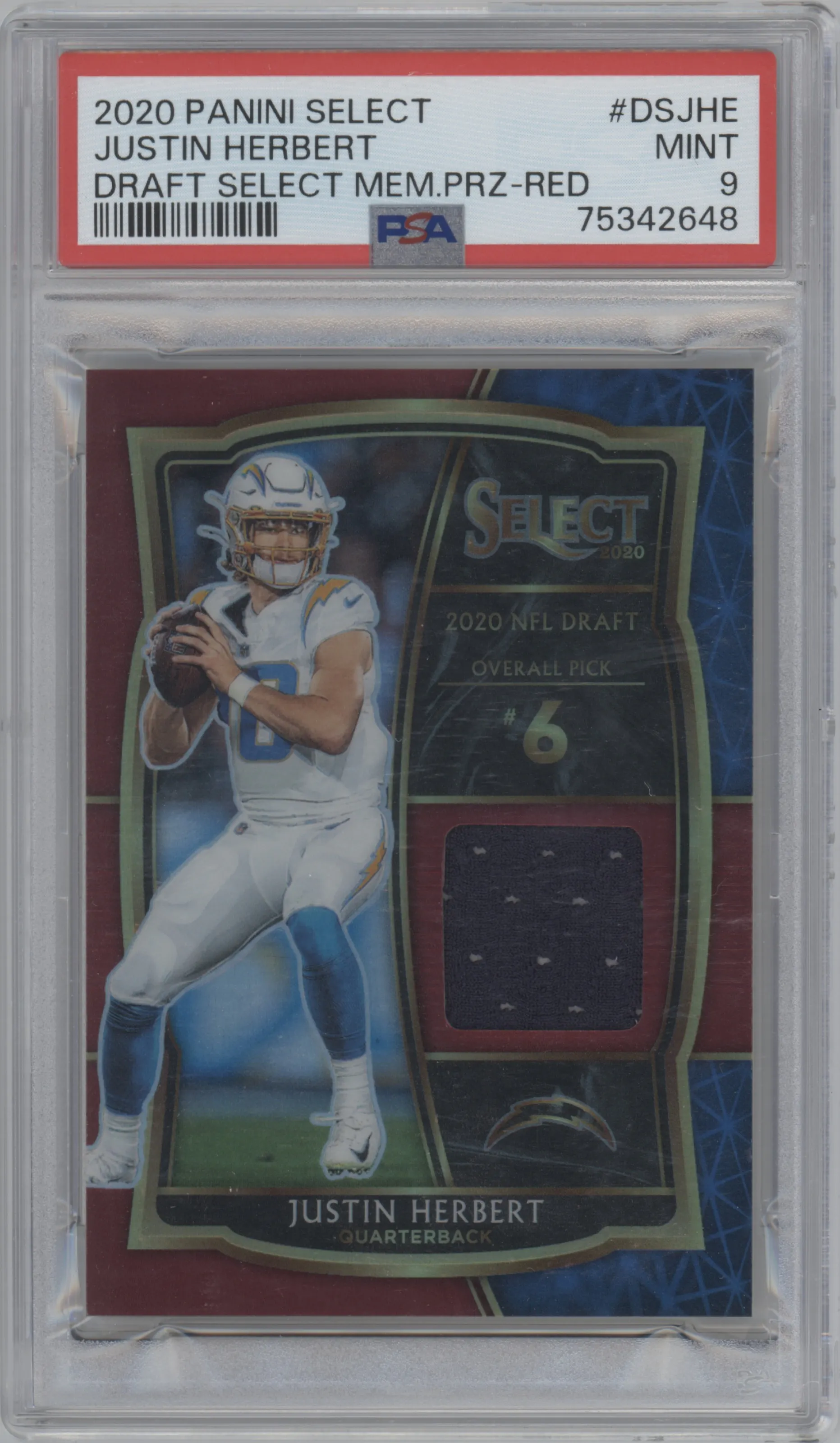 2020 Panini Select Draft Sel.Mem. Justin Herbert Red Prizm PSA 9