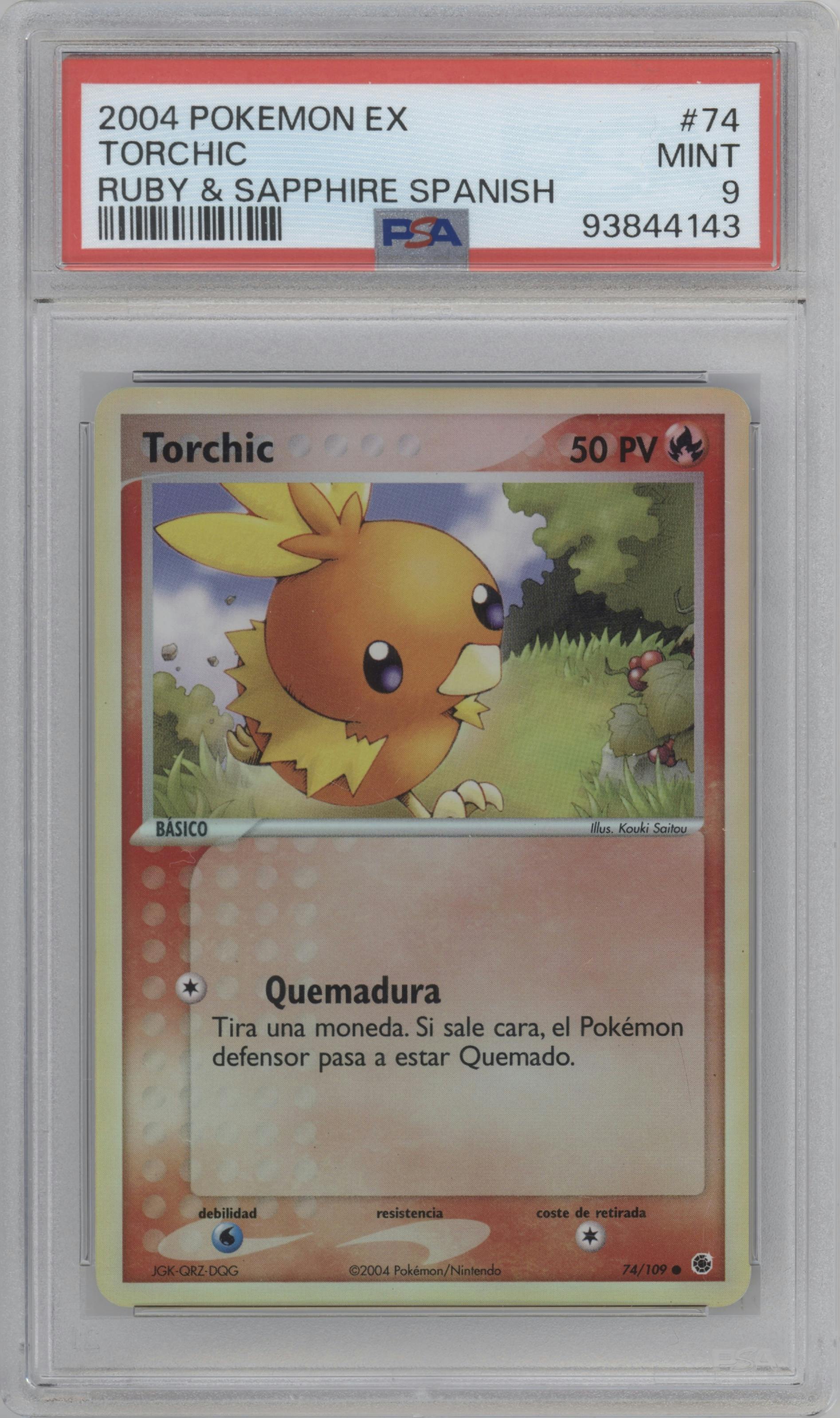 Torchic from the 2004 Pokemon EX Spanish set graded by PSA and given an overall grade of 9.