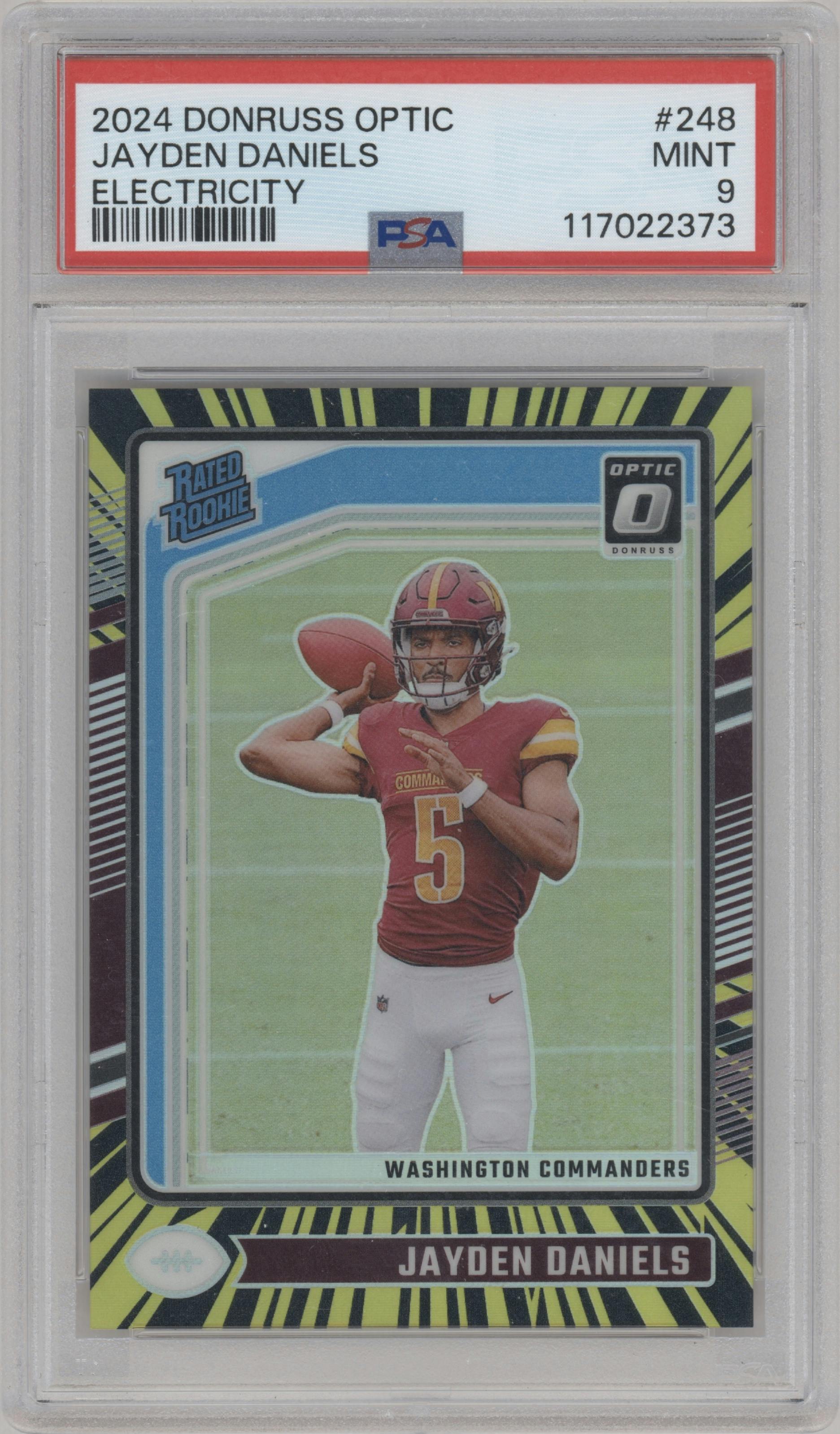 Jayden Daniels from the 2024 Donruss Optic set featuring a Electricity  parallel graded by PSA and given an overall grade of 9.