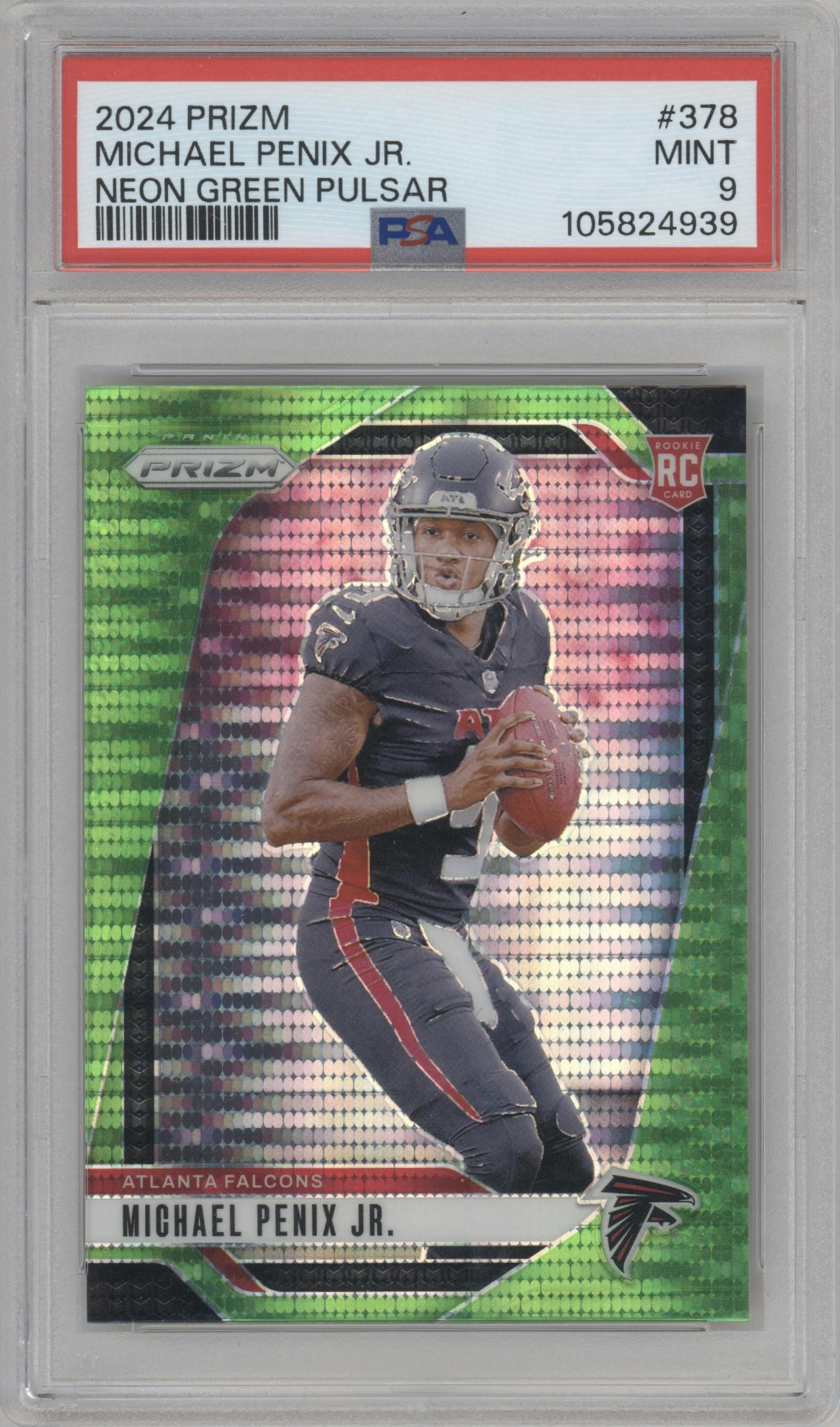 Michael Penix Jr. from the 2024 Panini Prizm set featuring a Neon Green Pulsar  parallel graded by PSA and given an overall grade of 9.
