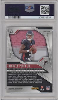 Michael Penix Jr. from the 2024 Panini Prizm set featuring a Neon Green Pulsar  parallel graded by PSA and given an overall grade of 9.