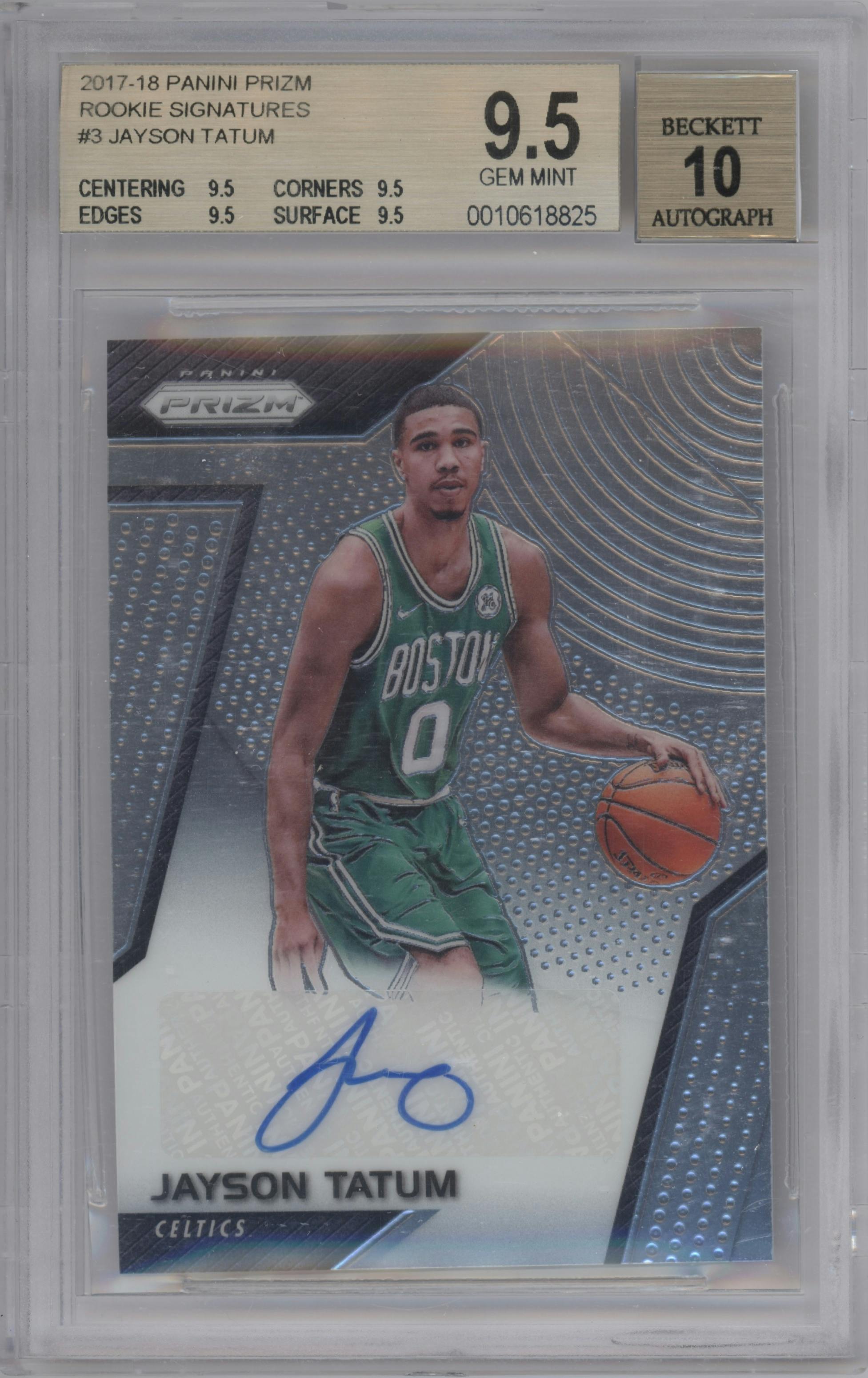 Jayson Tatum from the 2017-18 Panini Prizm  set graded by Beckett and given an overall grade of 9.5.