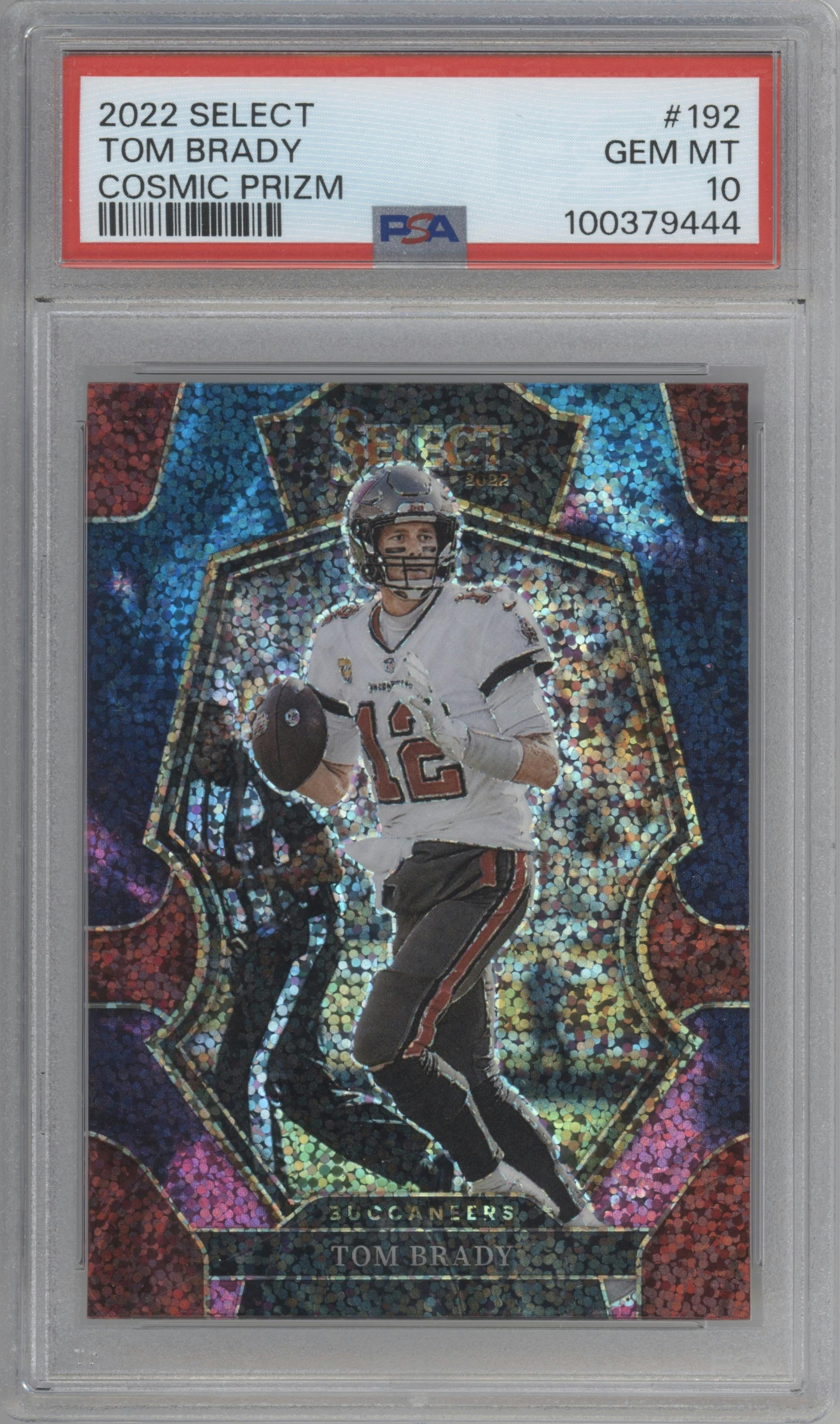 Tom Brady from the 2022 Panini Select set featuring a Cosmic Prizm parallel graded by PSA and given an overall grade of 10.