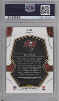 Tom Brady from the 2022 Panini Select set featuring a Cosmic Prizm parallel graded by PSA and given an overall grade of 10.