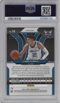 LaMelo Ball from the 2020-21 Panini Prizm set featuring a Blue Ice parallel graded by PSA and given an overall grade of 10.