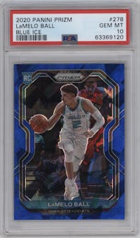 LaMelo Ball from the 2020-21 Panini Prizm set featuring a Blue Ice parallel graded by PSA and given an overall grade of 10.