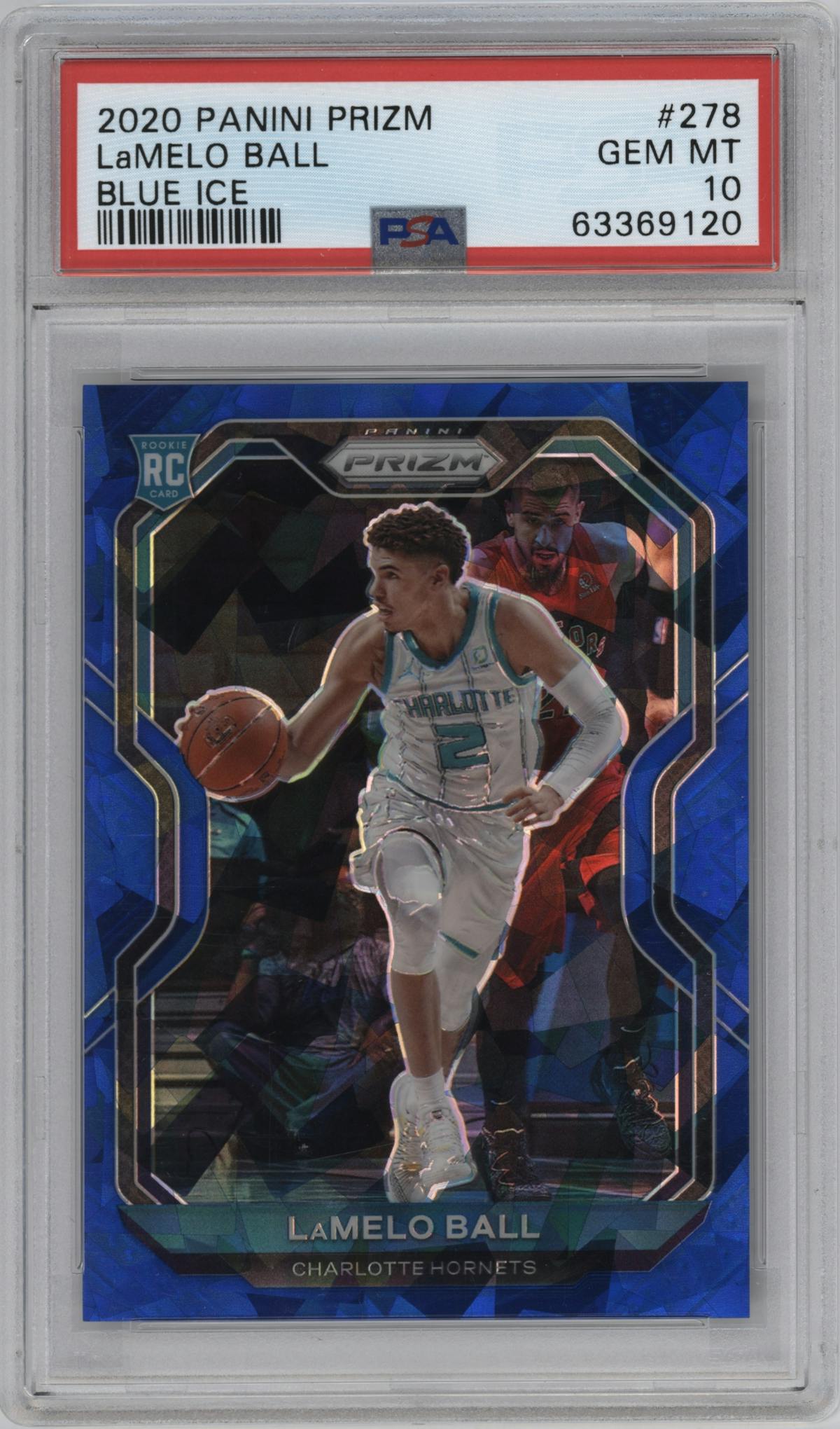 LaMelo Ball from the 2020-21 Panini Prizm set featuring a Blue Ice parallel graded by PSA and given an overall grade of 10.