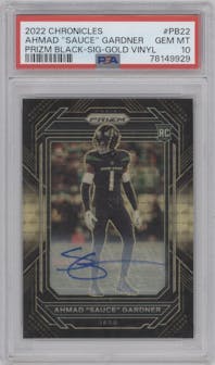Ahmad "Sauce" Gardner from the 2022 Panini Chronicles set featuring a Gold Vinyl parallel graded by PSA and given an overall grade of 10.