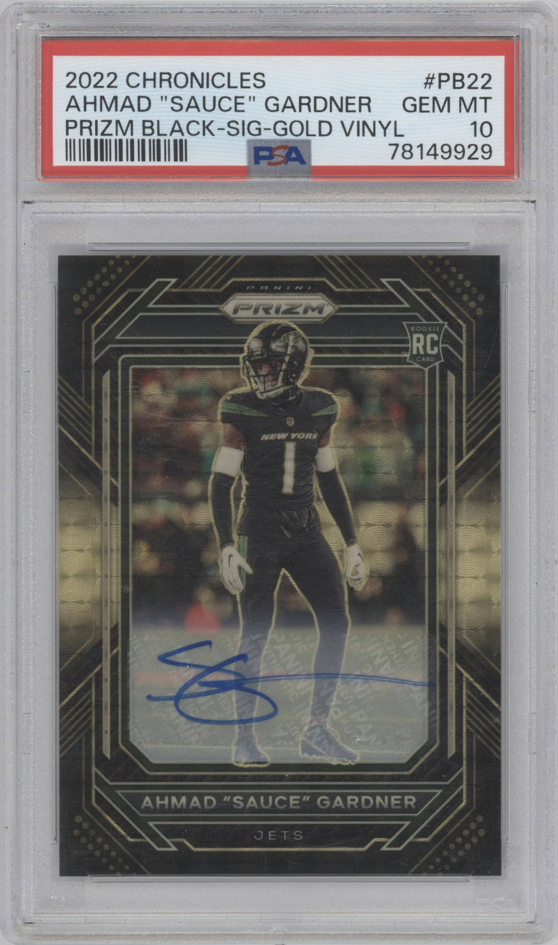 Ahmad "Sauce" Gardner from the 2022 Panini Chronicles set featuring a Gold Vinyl parallel graded by PSA and given an overall grade of 10.