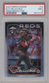 Elly De La Cruz from the 2024 Topps Chrome set featuring a Prism Refractor parallel graded by PSA and given an overall grade of 9.