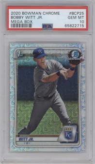 Bobby Witt Jr. from the 2020 Bowman Mega Box Chrome set graded by PSA and given an overall grade of 10.