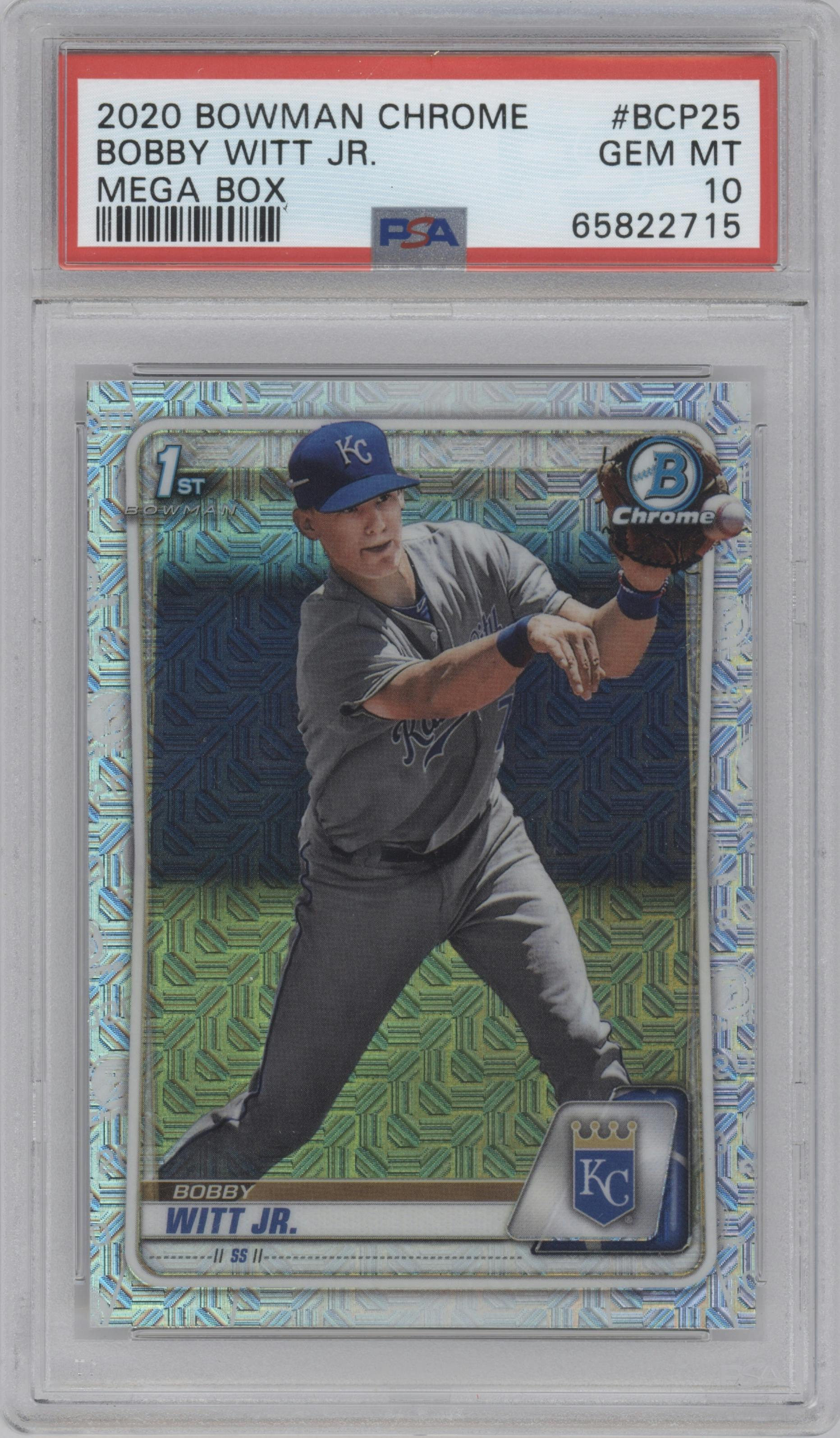 Bobby Witt Jr. from the 2020 Bowman Mega Box Chrome set graded by PSA and given an overall grade of 10.