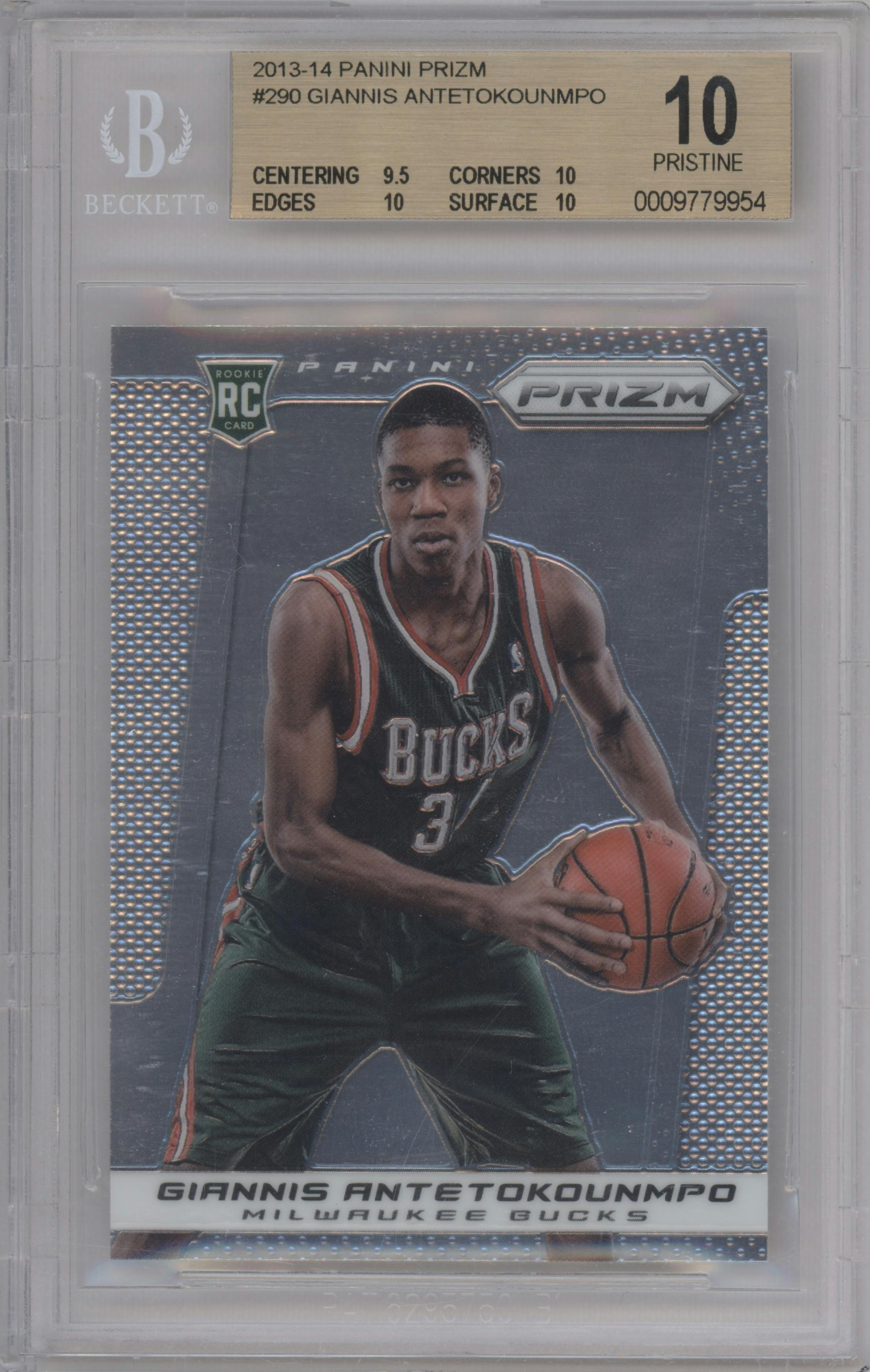 Giannis Antetokounmpo from the 2013-14 Panini Prizm set graded by Beckett and given an overall grade of 10.