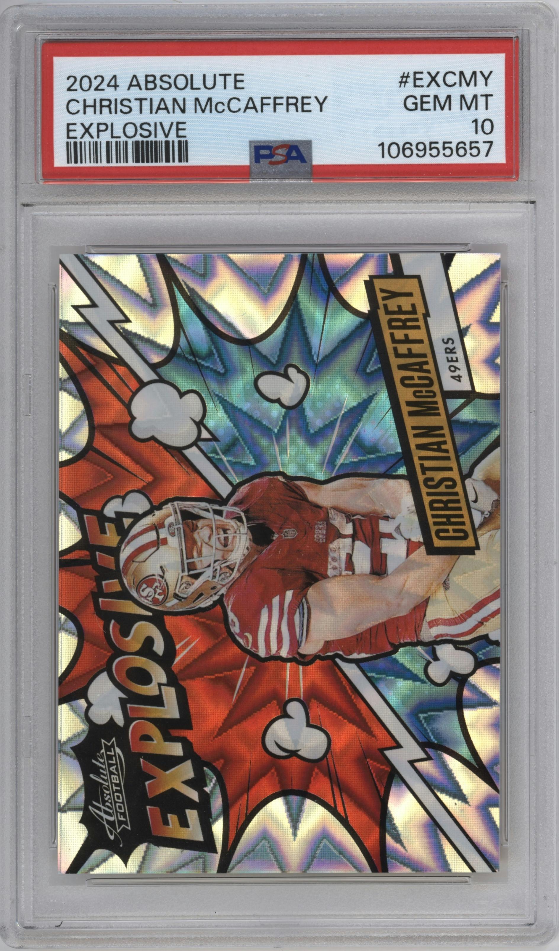 Christian McCaffrey from the 2024 Panini Absolute set graded by PSA and given an overall grade of 10.