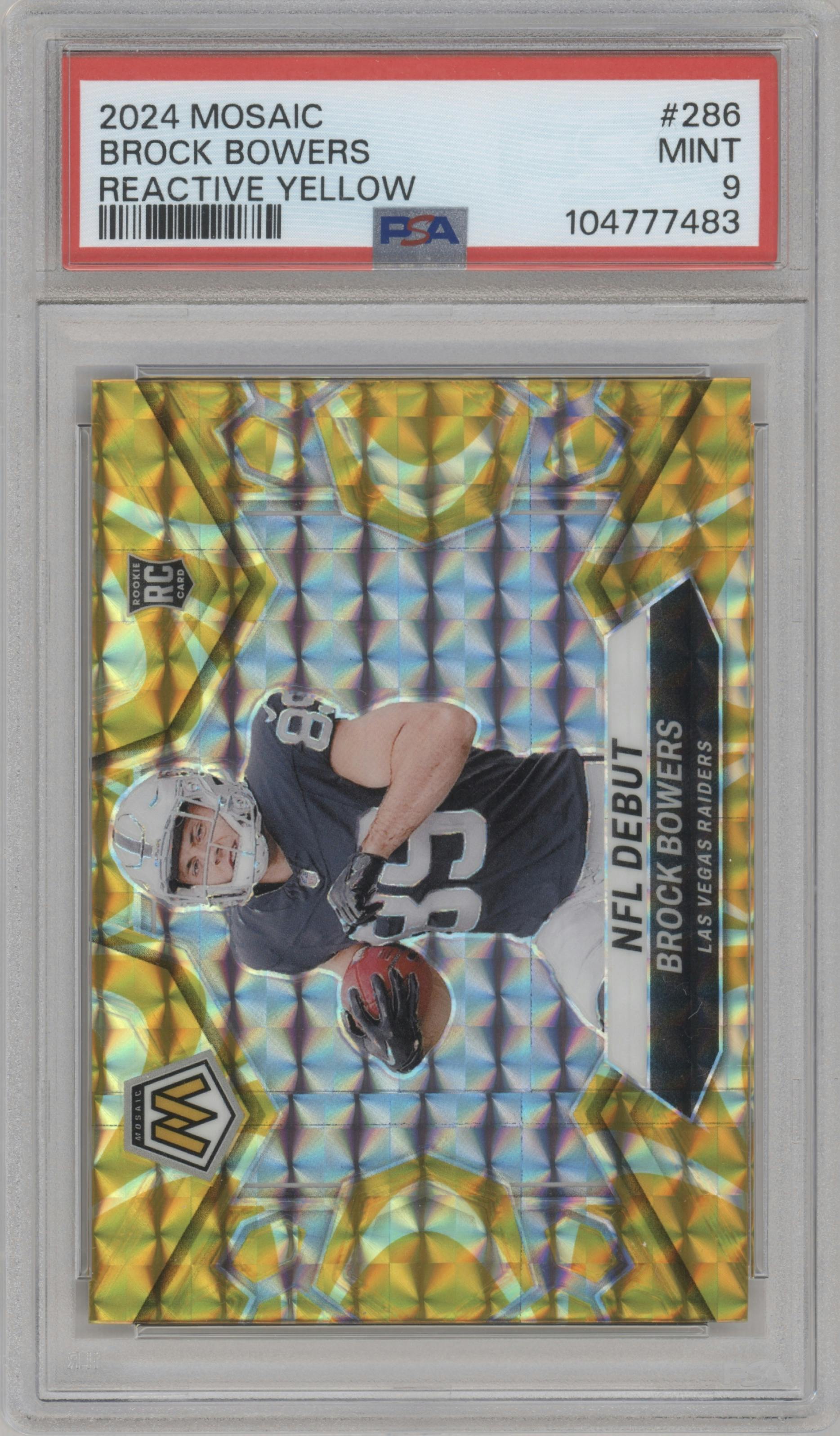 Brock Bowers from the 2024 Panini Mosaic set featuring a Reactive Yellow parallel graded by PSA and given an overall grade of 9.