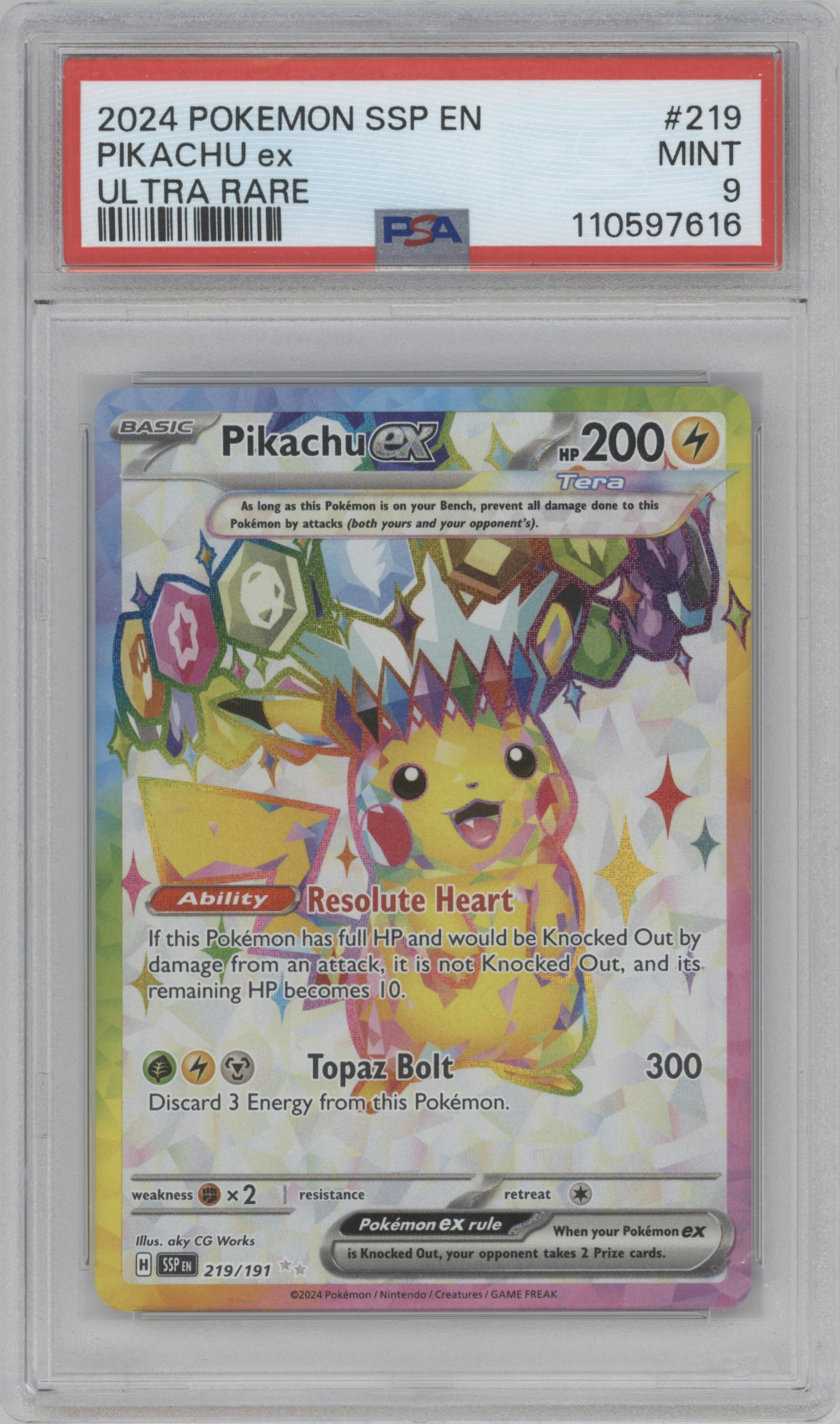 Pikachu ex from the 2024 Pokemon SV set graded by PSA and given an overall grade of 9.