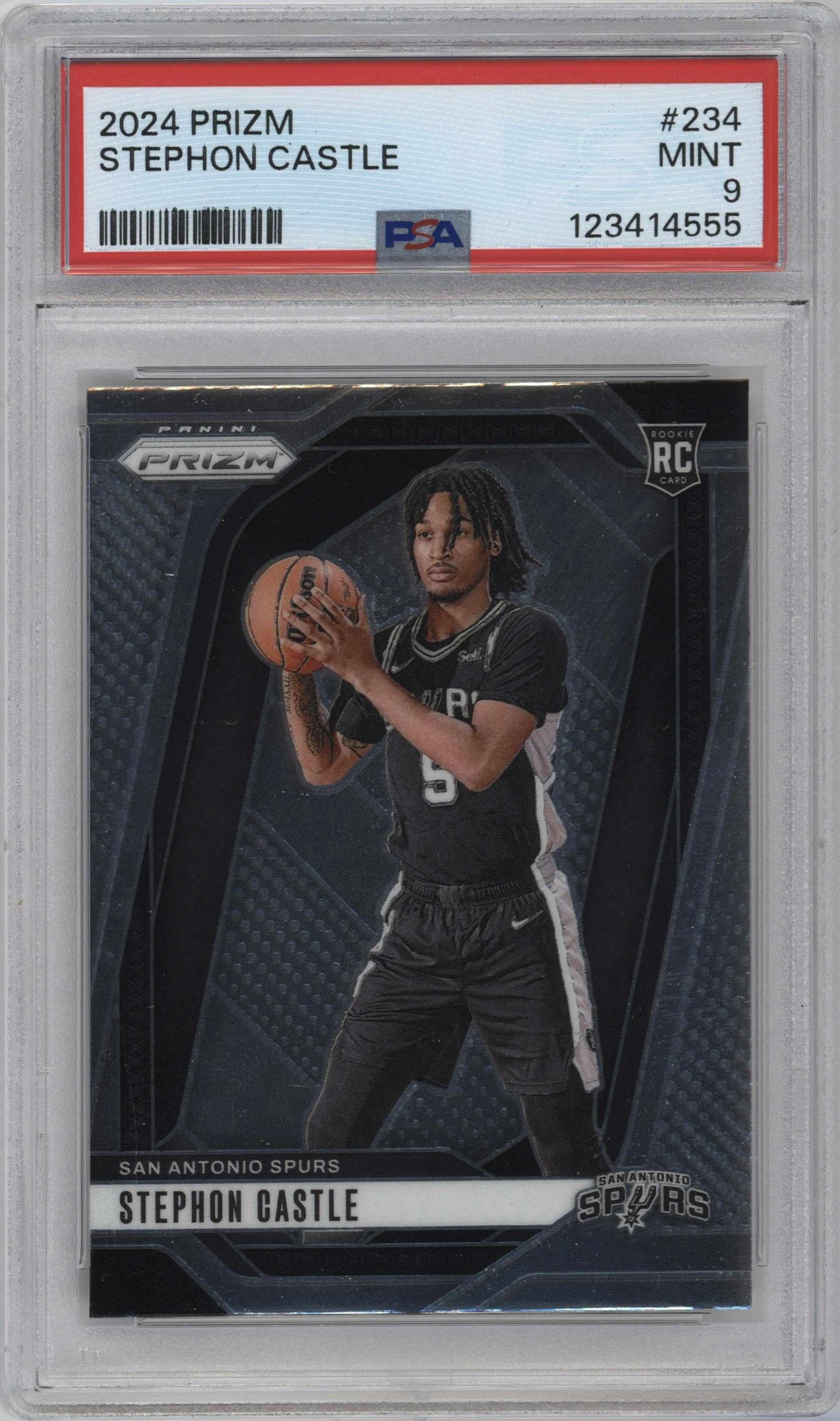 Stephon Castle from the 2024-25 Panini Prizm set graded by PSA and given an overall grade of 9.