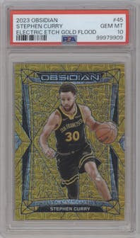 Stephen Curry from the 2023-24 Panini Obsidian set featuring a Electric Etch Gold Flood parallel graded by PSA and given an overall grade of 10.