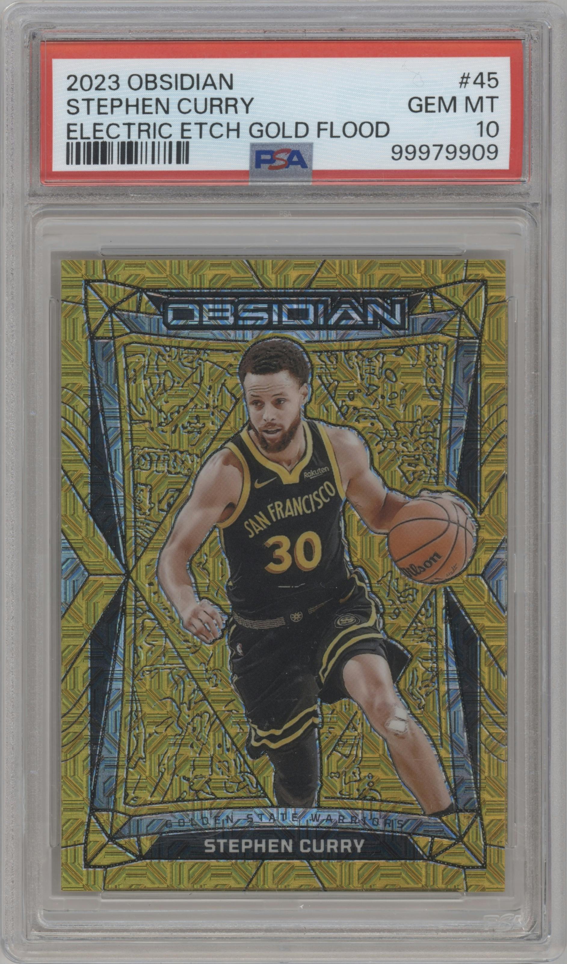 Stephen Curry from the 2023-24 Panini Obsidian set featuring a Electric Etch Gold Flood parallel graded by PSA and given an overall grade of 10.